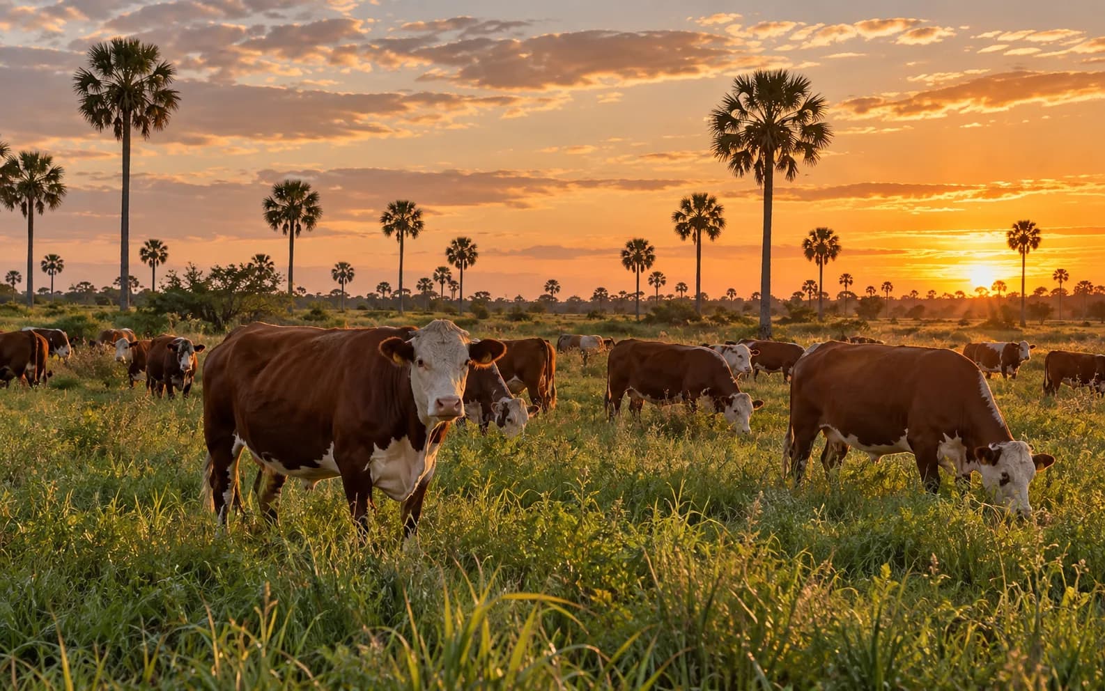 Rodeo Braford al atardecer entre palmares de Corrientes